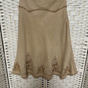 Carole Little Faux Suede Beige Bead Embellished A-Line Skirt side zip size 4‎